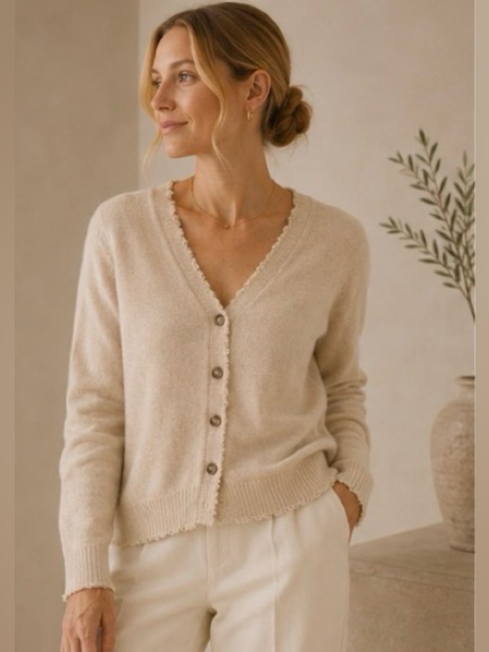 Minnie Rose Cotton Cashmere Frayed Trim Cardigan Cream Beige Large